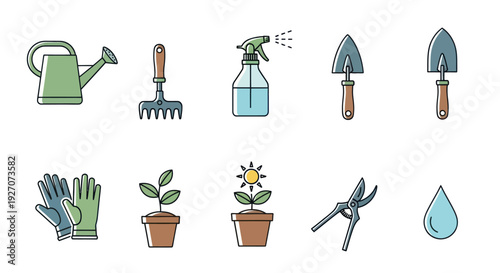 Gardening Tools Icons Set: Watering Can, Rake, Sprayer, Trowels, Gloves, Plants, Secateurs