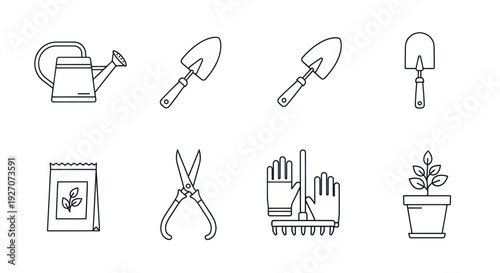 Gardening Tools Icons Set: Watering Can, Trowels, Pruners, Gloves, Rake, Plant