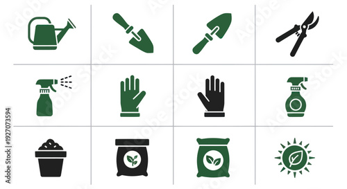 Gardening Tools Icons Set: Watering Can, Trowels, Pruners, Gloves, Sprayer, Soil, Fertilizer