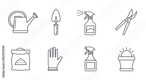 Gardening Tools Icons Set: Watering Can, Trowel, Sprayer, Pruners, Soil, Gloves, Plant