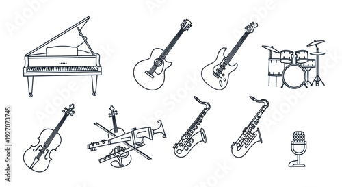 Hand Drawn Musical Instruments Collection: Piano, Guitars, Sax, Violin, Drums, Mic