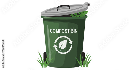 Green Compost Bin with Lid and Leaves, Eco-Friendly Waste Management
