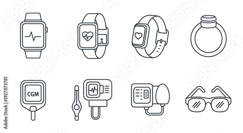 Health Monitoring Devices Icons: Smartwatch, CGM, Blood Glucose Meter, Glasses
