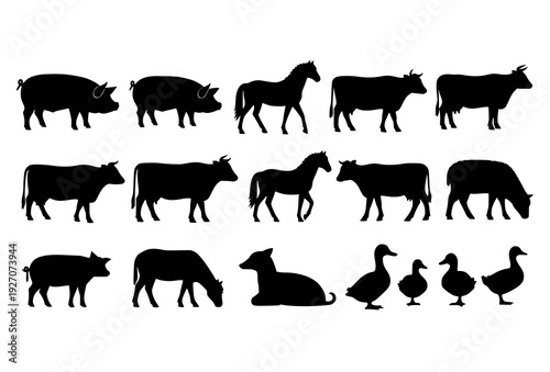 Farm Animal Silhouette Collection with Pig Cow Horse Sheep and Duck Vector Set