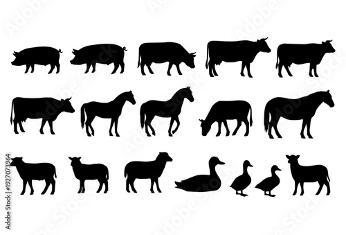 Farm Animal Silhouette Collection with Pig Cow Horse Sheep and Duck Vector Set