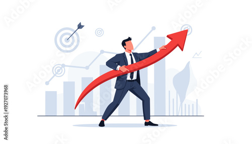 Determined Businessman in a Suit Pulling a Large Red Upward Arrow to Achieve Success and Growth, Concept of Leadership, Financial Strategy, Reaching Targets, and Business Development Illustration.