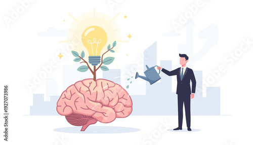 Businessman Watering a Growing Lightbulb Plant from a Human Brain, Metaphor for Personal Growth, Innovation, Creative Thinking, Mindset Development, and Professional Business Success Strategy.