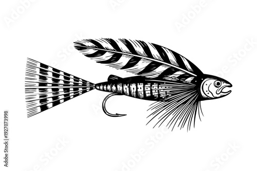 Vintage Victorian salmon fly fishing lure Engraving Illustration black and white line art