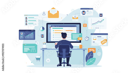 Digital Marketing Manager Working on CRM System for Email Newsletter Campaigns, Data Analysis, and E-commerce Promotions with Charts, Customer Profiles, and Discount Tags in a Flat Illustration