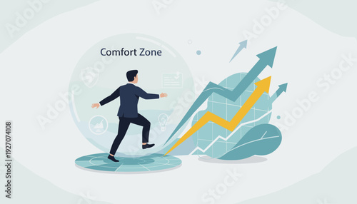 Businessman Stepping Out of Comfort Zone Bubble Towards Growth and Success. Concept of Personal Development, Career Progress, Overcoming Fear, and Taking Risks for Future Achievement Vector.