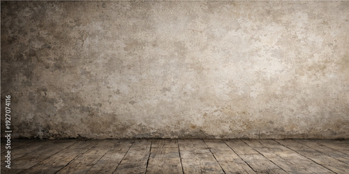Old empty grunge room featuring aged wooden floors and textured gray concrete walls for a dark vintage interior backdrop