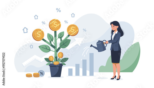 Businesswoman Watering a Money Tree with Gold Coins Representing Financial Growth, Investment Success, Capital Gain, Wealth Management, and Increasing Profit in a Flat Vector Illustration Style