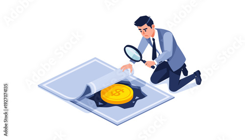 Businessman in Suit Using Magnifying Glass to Find Hidden Gold Dollar Coin Under Surface, Concept of Financial Discovery, Investment Opportunities, Profit Searching, Wealth Growth and Success