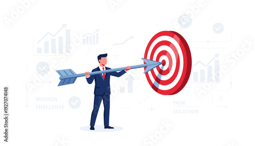 Businessman in a Suit Holding a Large Arrow and Hitting the Center of a Red Target Bullseye, Representing Goal Achievement, Success, Mission, Challenge, Task Solution, and Business Growth Strategy
