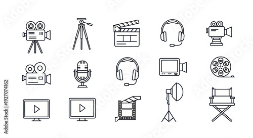 Filmmaking and Video Production Icons Set: Camera, Tripod, Clapboard, Headphones