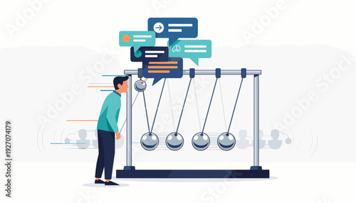 Vector illustration of a man observing a Newton's cradle where the swinging balls trigger speech bubbles, representing the momentum of communication, gossip, fake news, and social impact.
