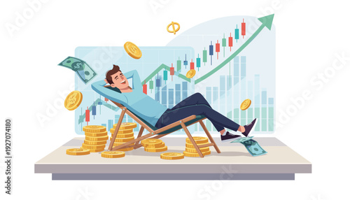 Successful Man Relaxing in Deckchair with Money and Gold Coins, Achieving Financial Freedom through Stock Market Trading and Passive Income, Vector Illustration of Wealth and Investment Growth.