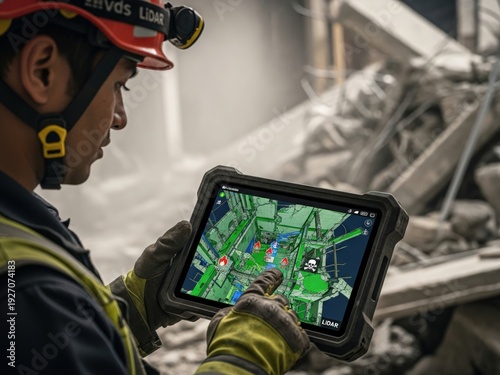 A rescuer in a hard hat and safety gear uses a rugged tablet to view a LIDAR-generated 3D map of a disaster site, showing structural damage and hazard points like fire and collapse risks.