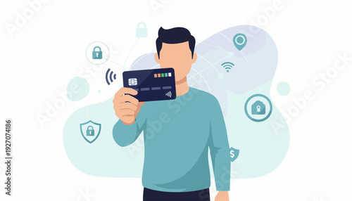 Man Holding Credit Card for Secure Wireless Payment. Concept of Digital Banking, Electronic Transaction, and Financial Security with Contactless Technology Icons on Abstract Background Vector.