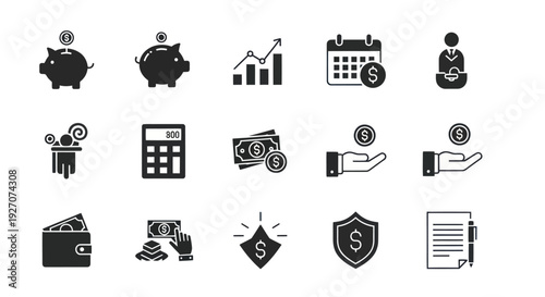 Finance Icons Set: Piggy Bank, Growth Chart, Calendar, Money, Wallet, Calculator