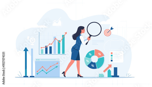 Business woman analyzing data with a magnifying glass, vector illustration of statistical analysis, financial growth, market research, and data visualization with colorful charts and graphs.