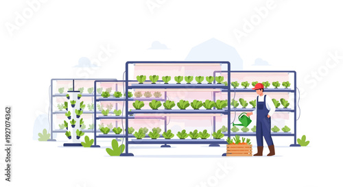 Vertical Farming Illustration: Gardener Watering Hydroponic Shelves Growing Organic Lettuce in a Modern Indoor Greenhouse.