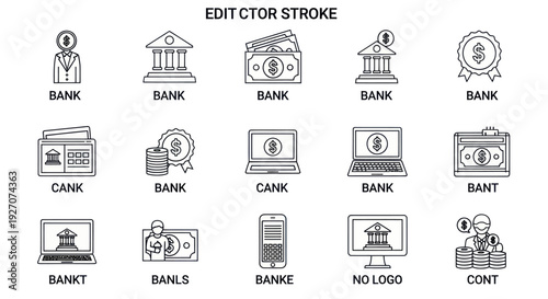 Financial Icons Set: Bank, Money, Building, Laptop, Mobile Phone, Coin