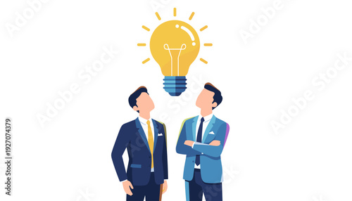 Two professional businessmen in suits standing together and looking up at a large glowing lightbulb, symbolizing a creative business idea, innovation, brainstorming, and successful collaboration.