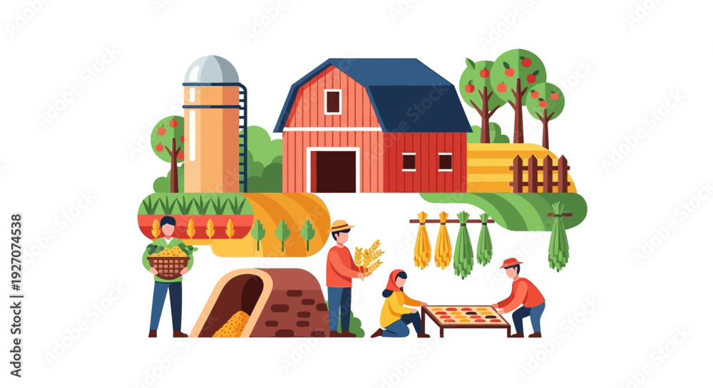 Naklejka premium Flat Illustration of Farming and Agriculture Harvest Scene with Barn, Silo, and Working Farmers