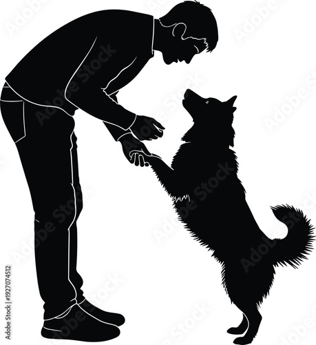 Silhouette of man training dog with paw shake gesture, pet owner bonding moment isolated on white background i