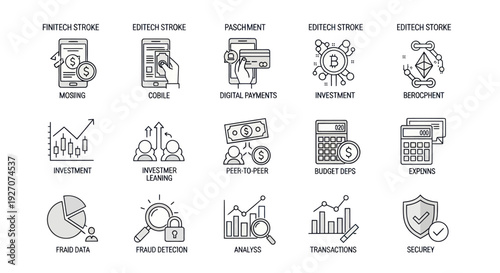 Fintech Icons Set: Finance, Investment, Security, Digital Payments, Blockchain