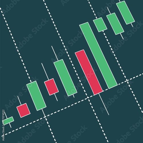 A close-up view presents a candlestick chart, a graphical representation of financial data. The chart is primarily composed of green and red rectangular blocks, each with vertical lines extending abov