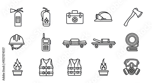 Firefighter Equipment Icons: Safety, Rescue, and Emergency Tools Collection