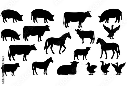 Mixed Farm Animal Silhouette Icons with Standing and Grazing Livestock Vector