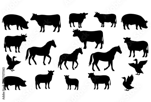Mixed Farm Animal Silhouette Icons with Standing and Grazing Livestock Vector