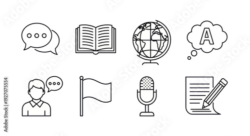 Education and Communication Icons: Language, Learning, and Global Connection