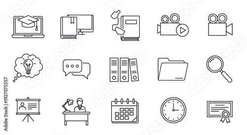Education Icons Set: Learning, Knowledge, and Online Study Symbols