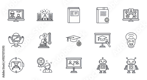 Education Technology Icons: Online Learning, VR, Robots, Graduation