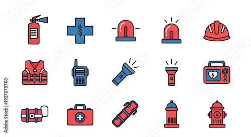 Emergency Rescue Icons: Fire Extinguisher, First Aid, Siren, Hard Hat, Life Vest