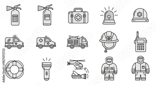 Emergency Services Icons: Firefighter, Ambulance, Helicopter, Safety Equipment
