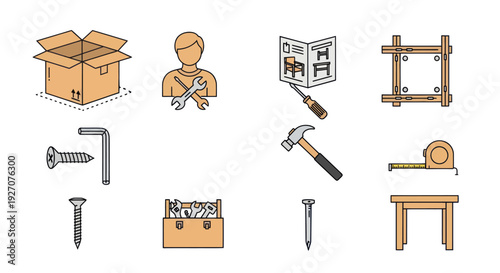 DIY Furniture Assembly Icons: Tools, Box, Instructions, Hardware & Parts
