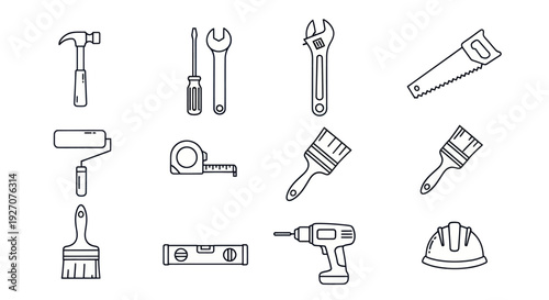 DIY Tools Collection: Hammer, Saw, Drill, Wrench, Paintbrush, Roller, Level, Hard Hat
