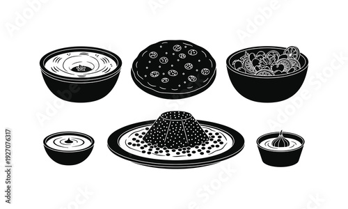 Black and white illustration of traditional japanese cuisine in bowls