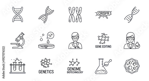 DNA and Genetics Icons: Gene Editing, Biotechnology, Science Lab