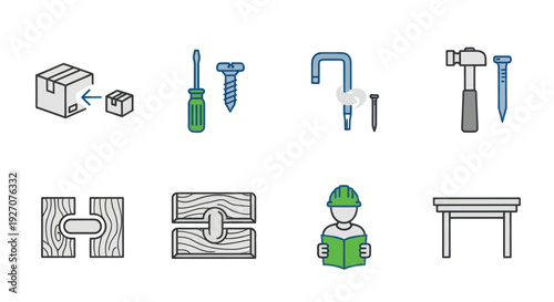 DIY Tools and Hardware Icons Set: Assembly, Woodwork, Construction, and Furniture