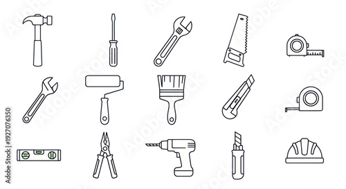 DIY Tools Set Vector Icons: Hammer, Wrench, Saw, Drill, Paint Roller, Tape Measure