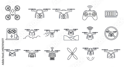 Drone Icons Set: Quadcopter, Camera, Remote Control, Battery, Propeller