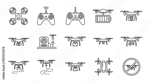 Drone Icons Set: Quadcopter, Remote Control, Battery, Camera, Flight Path