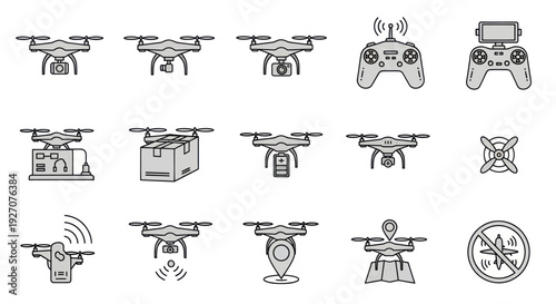 Drone Icons Set: Quadcopter, Remote Control, Delivery, Camera, Navigation