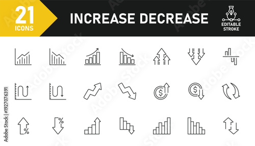 Increase and decrease line icon set. Set of 21 outline icons related to increase, decrease, chart, arrow, graph and others. Editable stroke. Vector illustration.